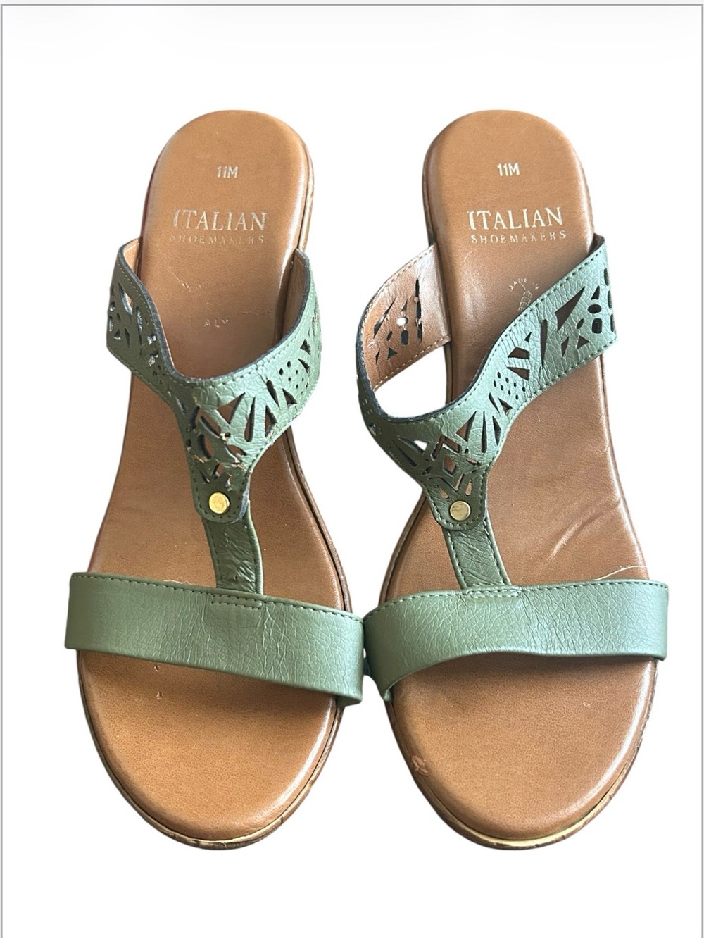 Italian Shoemakers Olive Green Laser-Cut T-Strap Sandals - Picture 2 of 10
